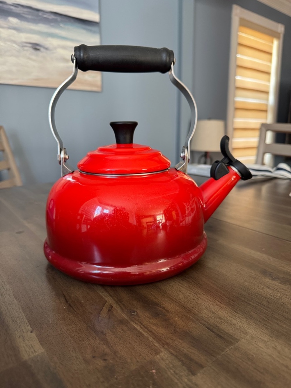 Le Cruset Cerise Whistling Tea Kettle with Black Handle